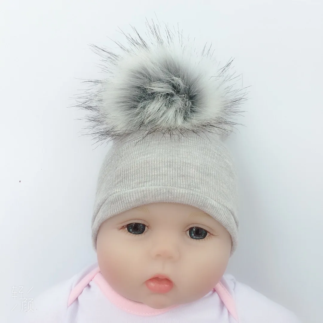 0 1 Month Hospital Newborn Baby Hats Cotton Beanie With pom pom faux