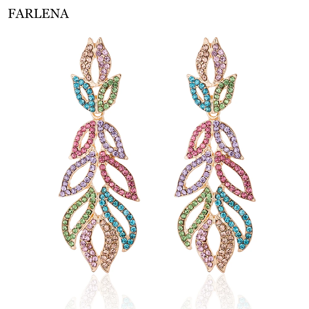 

Fashion Jewelry Leaf Drop Earrings Full Crystal Rhinestones Bridal Wedding Party Earrings Long