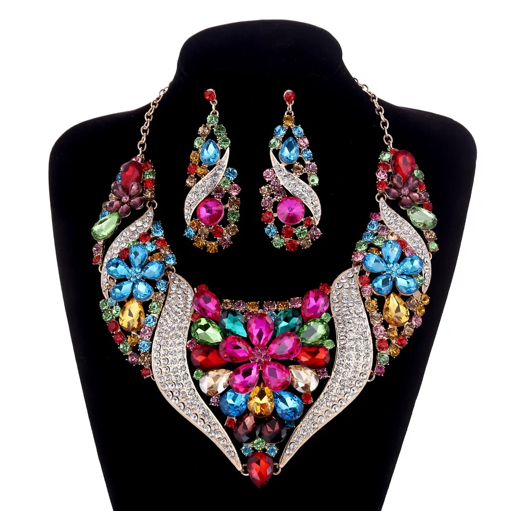 

New Fashion Austria Crystal Flower Shape Bridal Jewelry Sets Gold Color Wedding Necklace and Earrings Set for Women Jewelry Sets