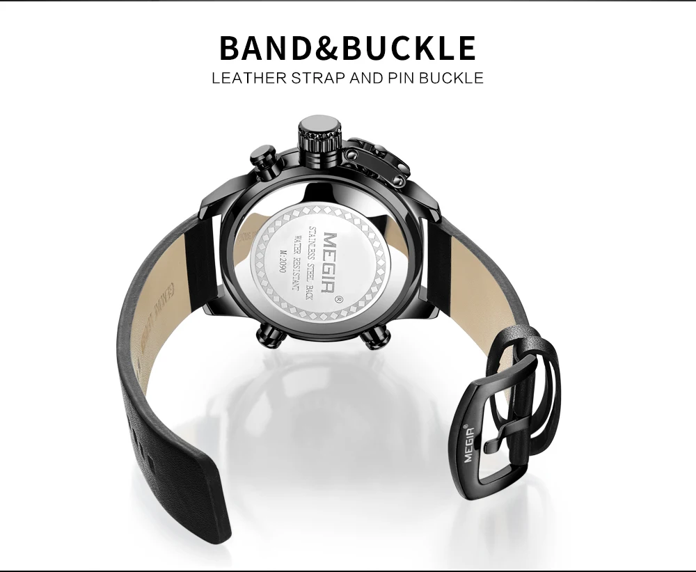 Мужские спортивные кварцевые часы MEGIR с кожаным ремешком, светящиеся армейские наручные часы с хронографом, новинка, часы от ведущего бренда Relogios 2090, черный цвет