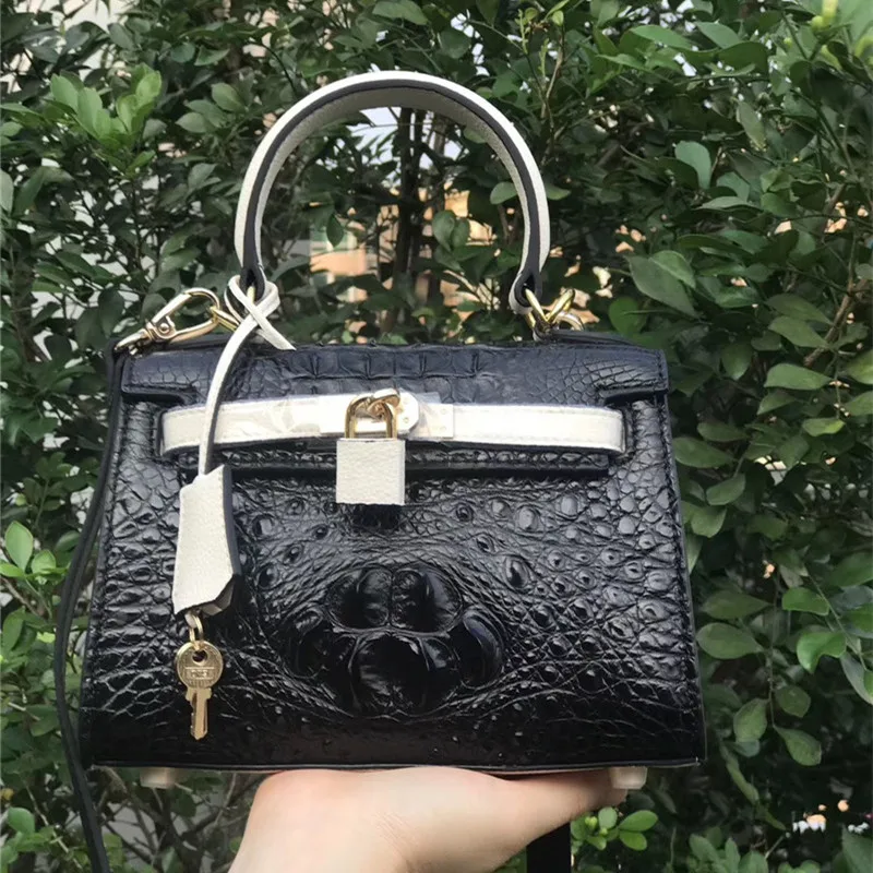 

Luxury Lock Closure Genuine Crocodile Skin Women's Small Black White Handbag Authentic Alligator Leather Lady Cross Shoulder Bag