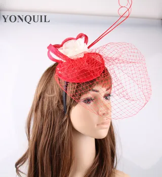 

Elegant bridal fascinator headwear sinamay trims pears with birdcage veils wedding hair accessories party headpiece 16 color