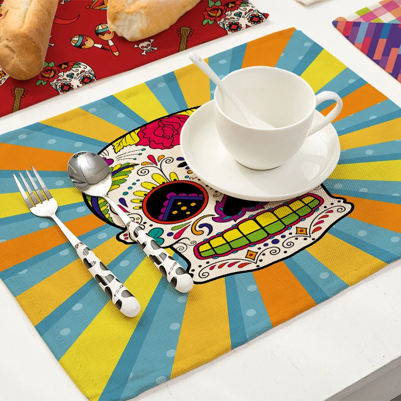 Miracille 2/4/6pieces Set Sugar Skull Art Home Decorative Table Place Mats Flower Skulls Pattern Placemats For Kitchen Table