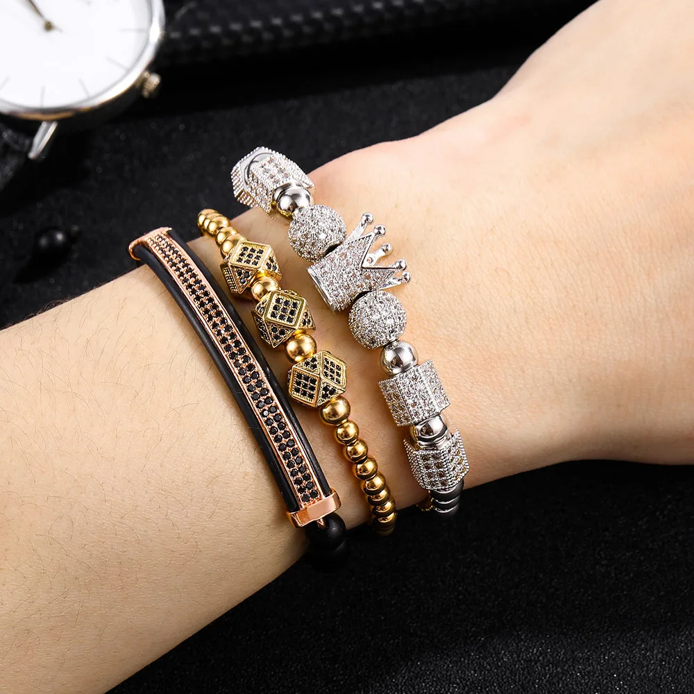 3pcs/set Luxury CZ Crown Ball Men Couple Bracelet Set Macrame Bead Charm Bracelets for Women Pulsera Masculina Armband Here
