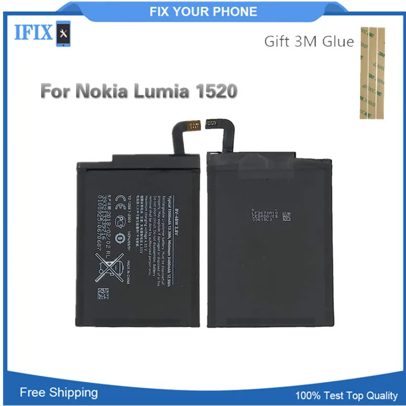 

3400mAh For Nokia Lumia 1520 Battery Replacement BV 4BW For Nokia 1520 Li-ion Polymer Batteries High Capacity 100% Tested