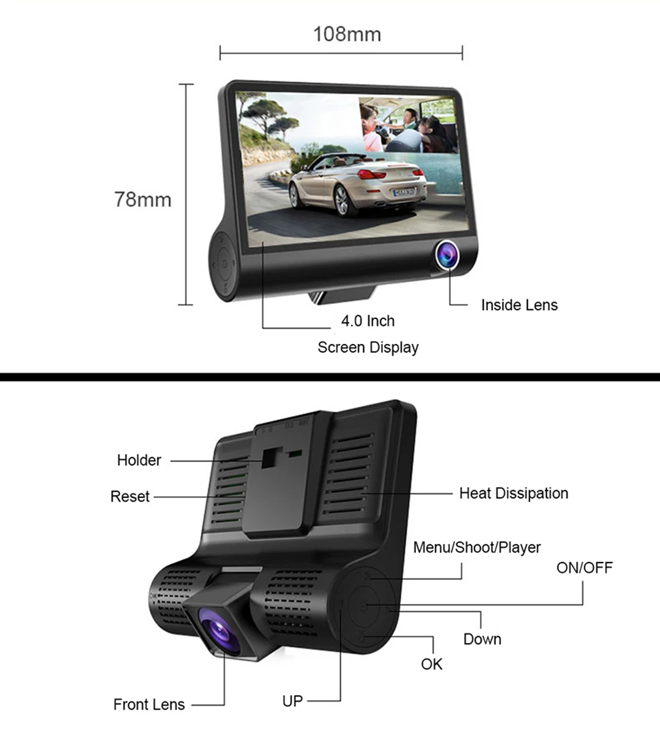 MaoHooMa Car Dvr 3 Camera Lens 4.0 Inch Dash Cam Auto Video Recorder Registrator Dual Lens With Rear View Camera DVRS Camcorder