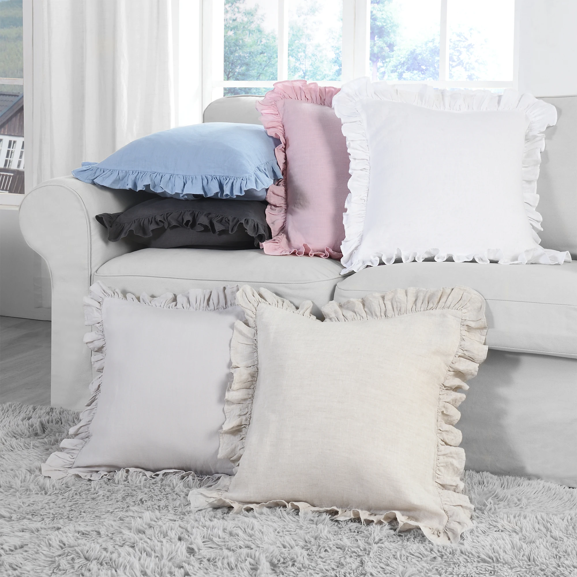 

Simple&Opulence 100% Linen Throw Pillow Pure Flax Cushion Ruffles Cushion