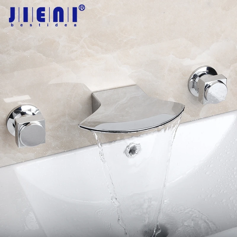 Bathroom 3pcs LED Waterfall Bathtub Basin Sink Mixer Faucet Dual Handle Taps