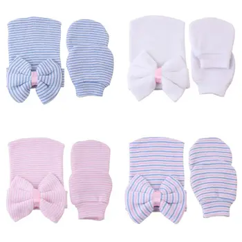 

2 Pcs/set Newborn Baby Hat Gloves Child Warm Striped Bow Cap Infants Anti-Scratch Soft Cotton Glove Hats Bathing Gifts