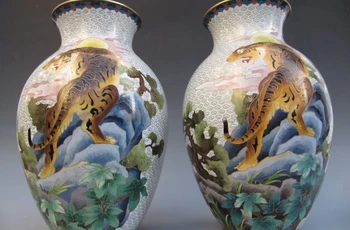 

Chinese regius Copper cloisonne enamel Tiger Crock pot Vase Pair