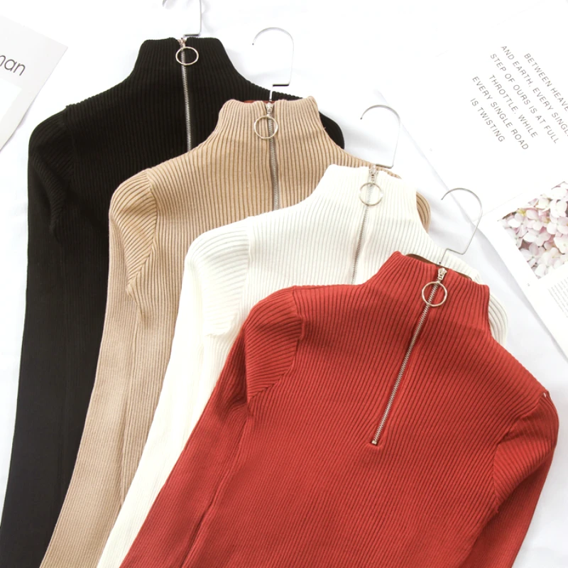 

Hrajuku Fashion Long Sleeve Knitted Women T Shirt Chic Ring Zipper Half High Collar Retro Women Tops Cotton Slim T Shirt Women