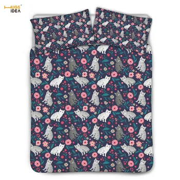 

HUGSIDEA American Shorthair Cat Flower Design Duvet Cover Set Siamese Cat Floral Printed Green Bedding Set Decor Home Bedclothes