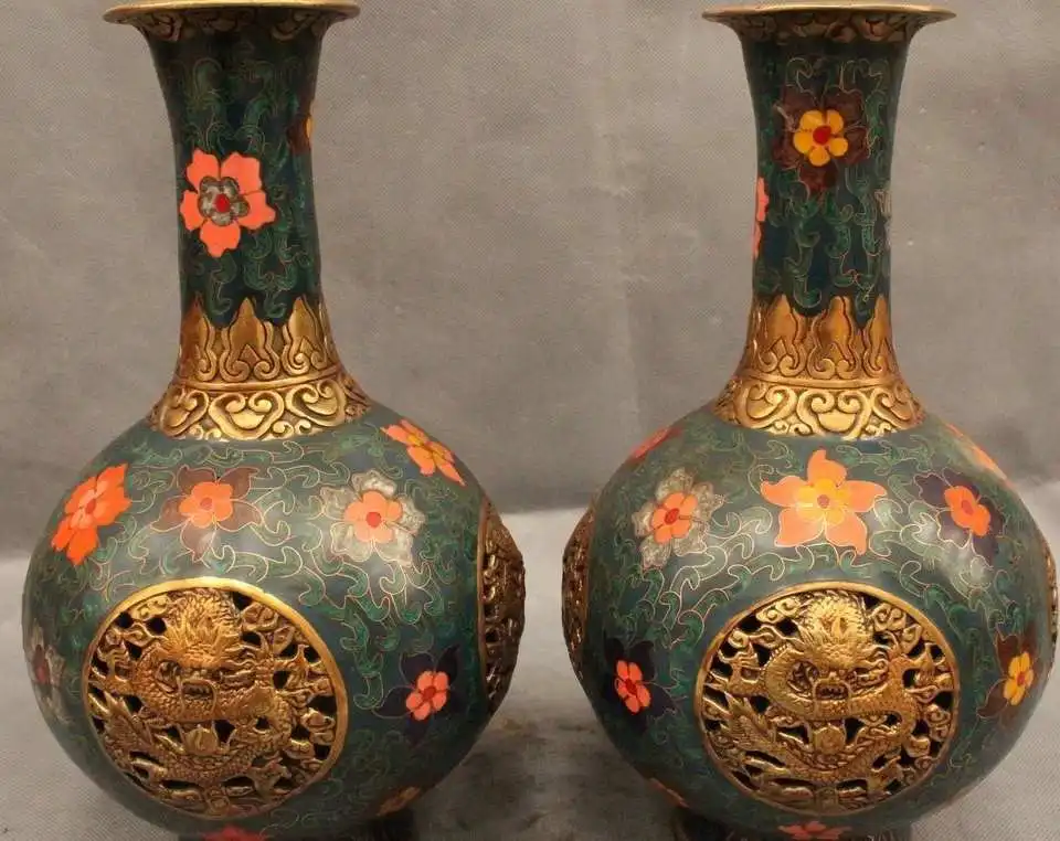 

12" Marked Chinese Cloisonne Bronze 24K Gold Dragon Beast Handle Bottle Vase