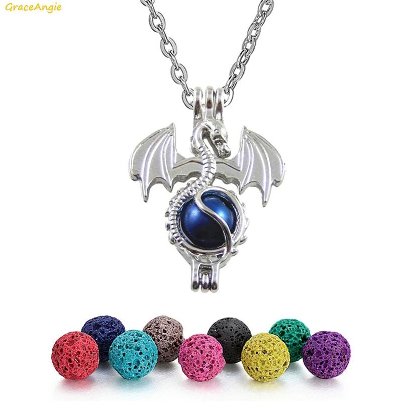

GraceAngie Dragon Skull Angel Horse Dolphin Bear Mermaid Shape Trendy Necklace With 6PCS Lava Rock Beads Velvet Bag Cute Jewelry