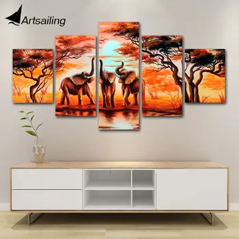 

Canvas Wall Art 5 Pieces Elephant Animal Posters and Prints Painting Wild Scenery Wall Picture for Living Room Home Decor F634