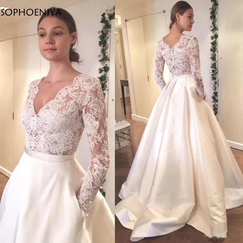 

Vestido de novia Wedding Dress V Neck A Line Appliques Lace Top Satin Skirt Wedding Gown with Pocket Custom Made Bride Dress