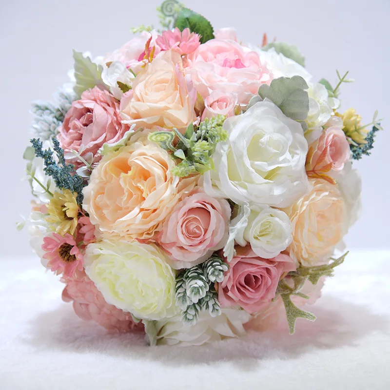 AYiCuthia Romantic Bridal Flowers Wedding Bouquet With Ribbon Artificial Pink Bridal Accessories Wedding Flowers S150