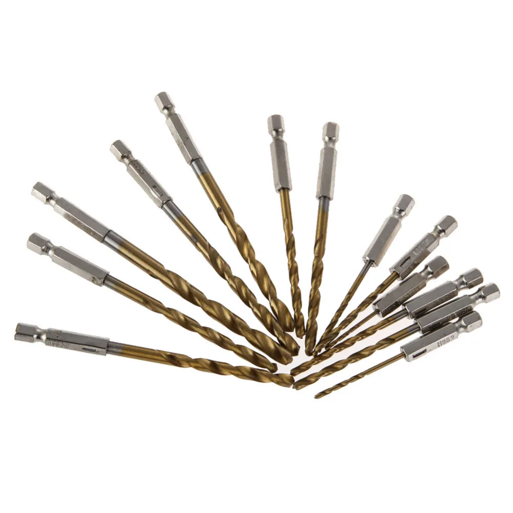 13pcs Carbide Twist Drill Bit Electric Power Tool High Speed Steel HSS High Straight Coated Drill Bit Set 1/4 Hex Shank