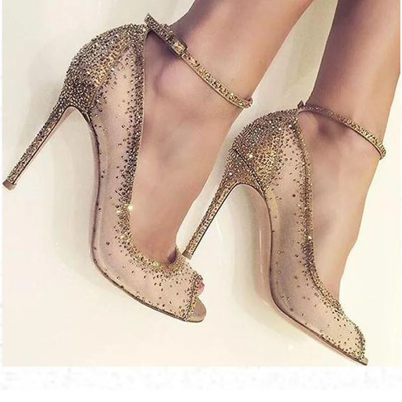 

2019 Women Charming Golden Glittering Pumps Crystal Stiletto Party Wedding Peep Toe Ankle Strap High Heels Shoes sapato feminino
