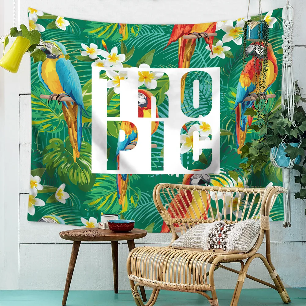 Tropic Nature Green Leaves And Birds Pattern Tapestry Wall Hanging Carpet bohemian boho mandala