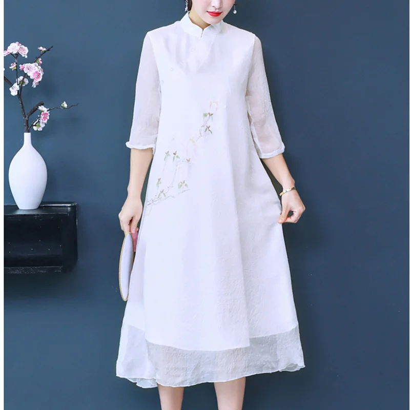Qipao, шифоновое летнее платье, женское, ручная роспись, магнолия, классическое, китайское, длинное, чайное платье, Вьетнам, Aodai vestidos - Цвет: Белый