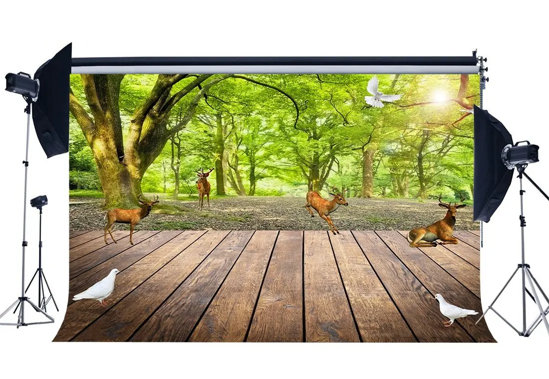 

Spring Backdrop Jungle Forest Backdrops Green Trees Dove Sika Deer Rustic Stripes Wood Floor Background