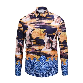

2019 Men Shirts 3d Print Red-crowned Crane & Cloud Hawaiian Shirt Long Sleeve Slim Casual Shirts Men Clothes High Quality