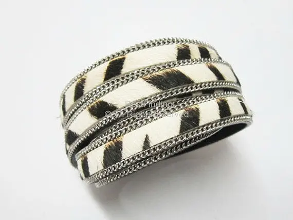 

10x2mm Zebra leather with chain Flat zebra leather cord Animal hair leather cord