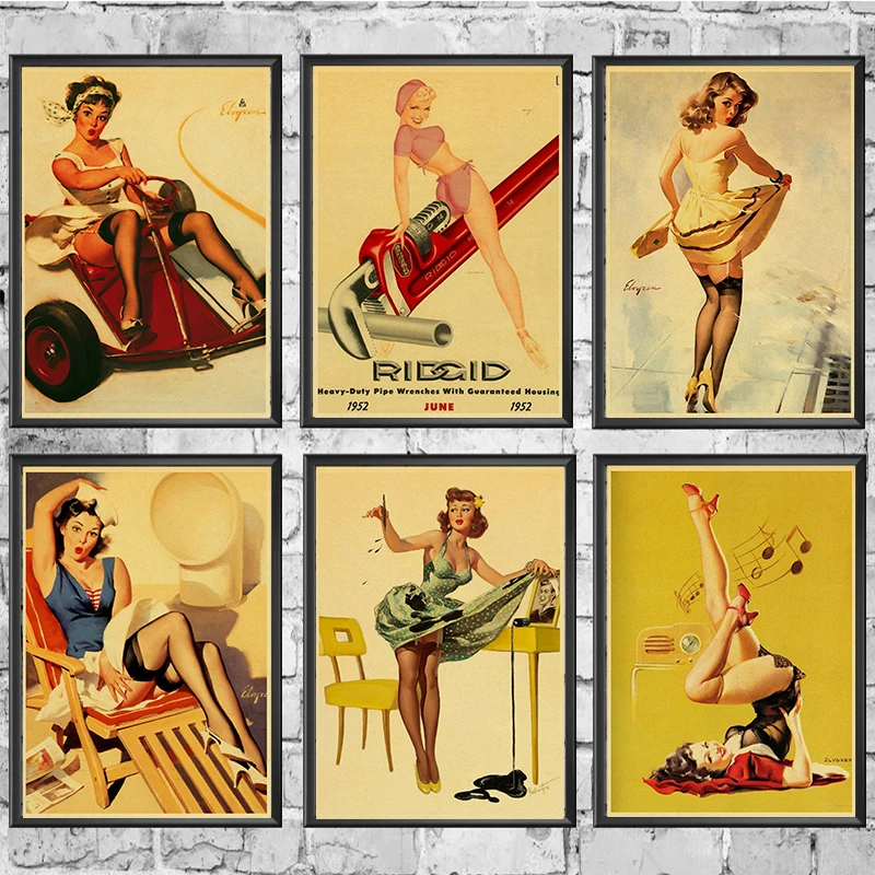 

Pin up Girls Classic World War II Retro Kraft Paper Poster Vintage Pin up girl Decorative Painting Home Room Decor