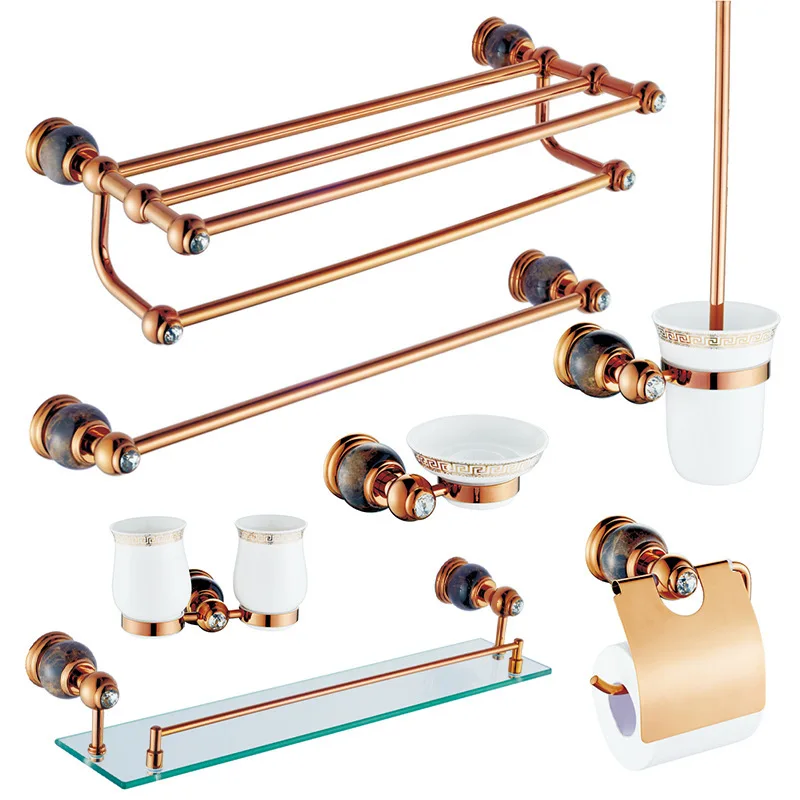 

All copper towel rack set continental shelf rose gold towel hang combination toilet bath towel rack suits bath hardware sets
