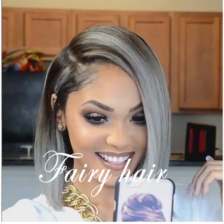 Best Quality Short Gray Straight Dark Roots Ombre Grey Lace Front Wig