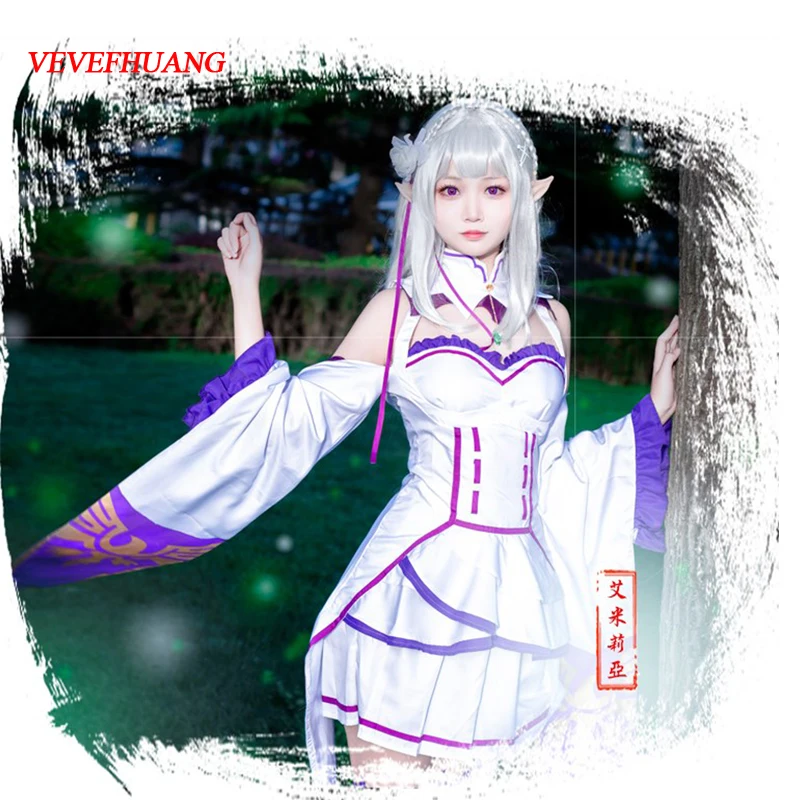 Костюм для косплея VEVEFHAUNG Re Zero kara Hajimeru Isekai Seikatsu Emilia (платье * 1 шт. чулки 2 головной