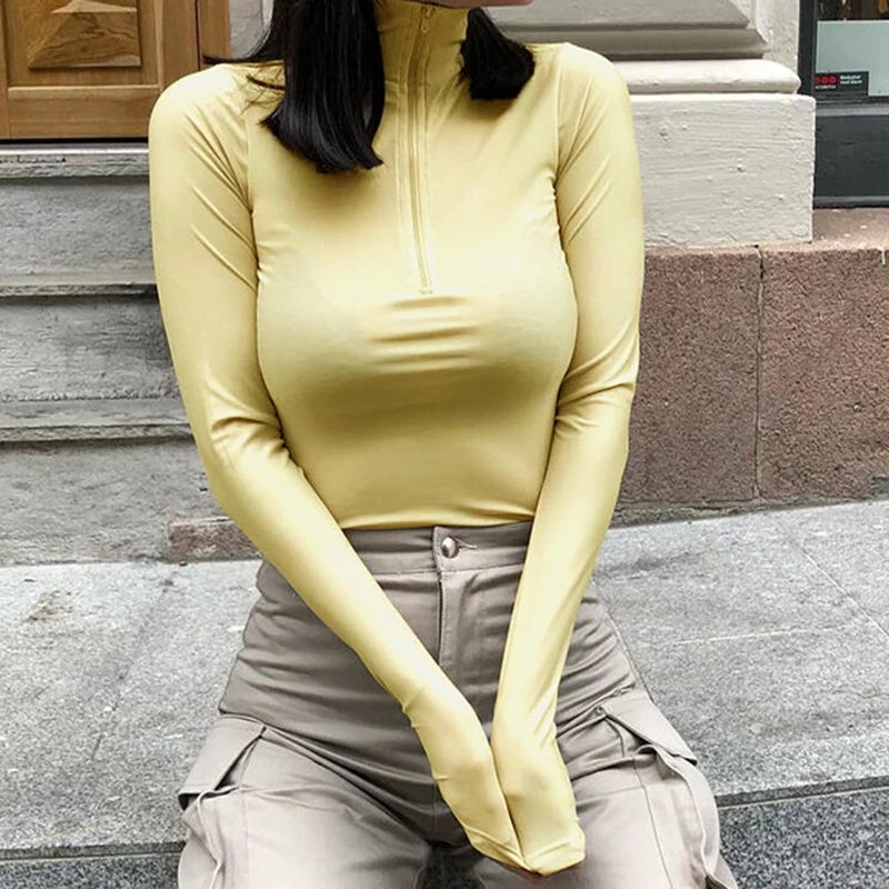 

2019 New Fashion Sexy Turtleneck Summer Bodysuit Skinny Long Sleeve Club Solid Jumpsuit Night Club Bodysuit Slim Apricot PL208G