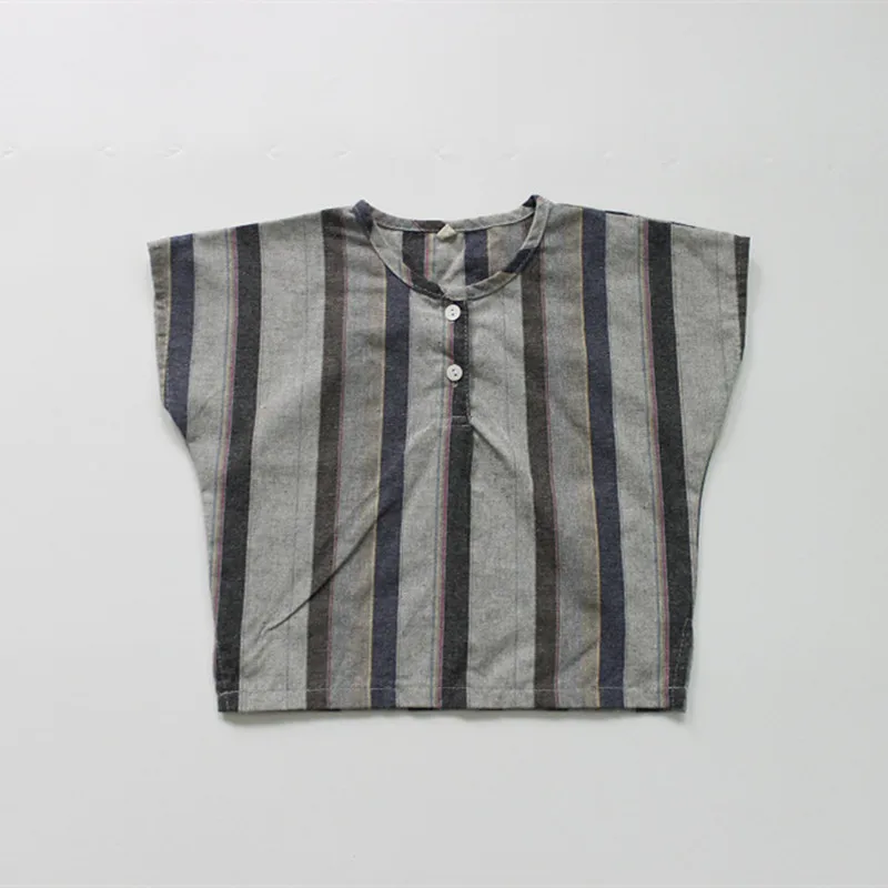 

New Summer Children Cotton Linen Shirts Dolman Sleeve Korean Style Kids Clothes Retro Striped Tops Baby Boys Shirts