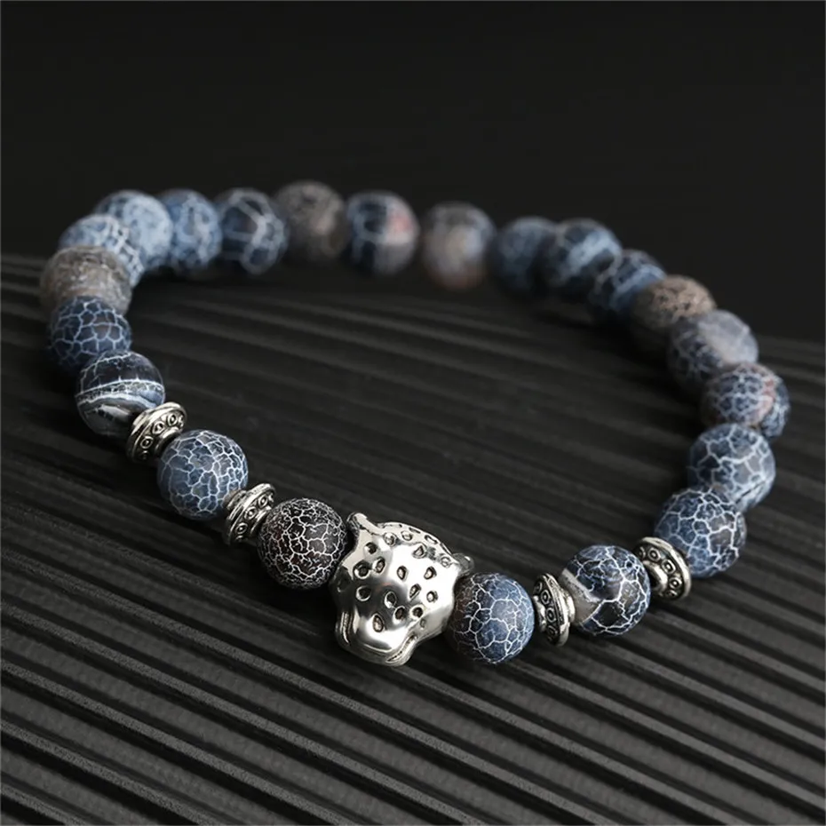 Antique Natural Stone Leopard Head Beaded Bracelet Beads Black Gray Lava Rock Stone Men Women Boy Gifts Couple Bracelets (8)