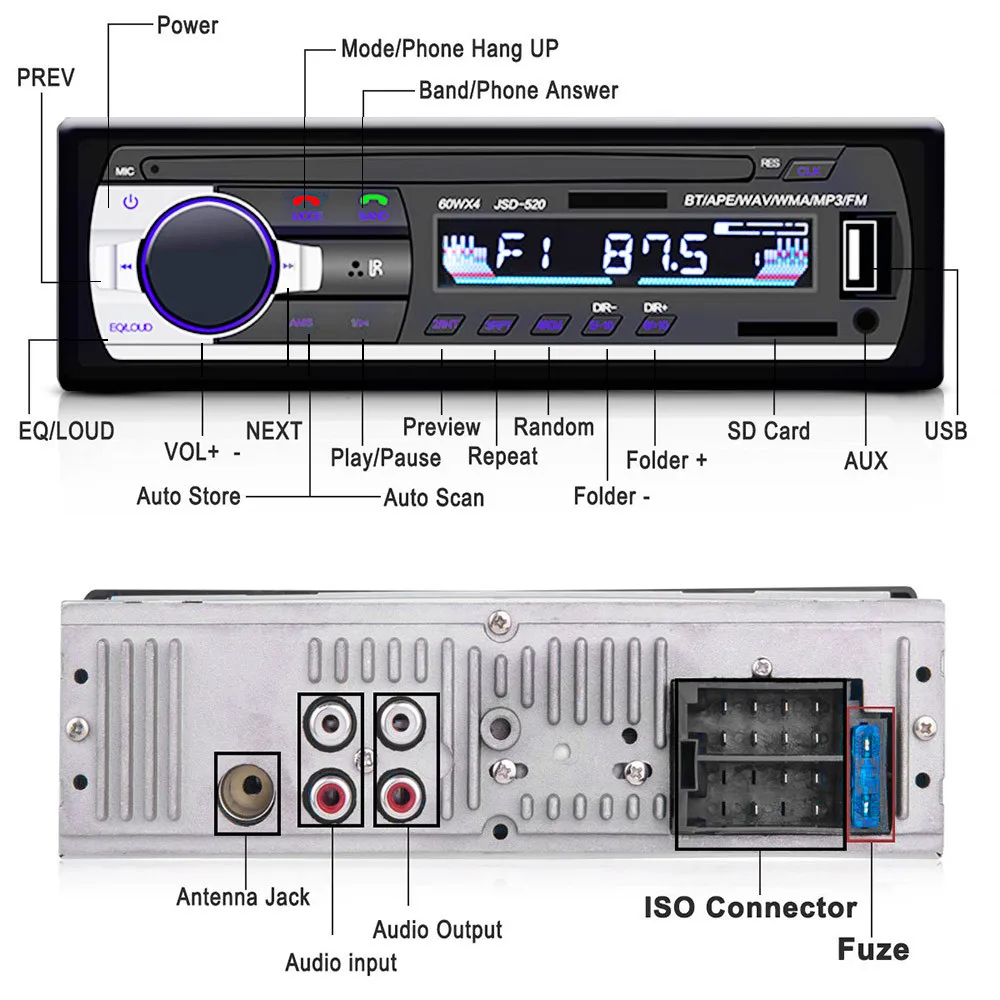 Car Radio Car Digital Media MP3 Player Stereo Receiver with Built-in Bluetooth Hands-Free Calling 1 din USB AUX SD Card Input