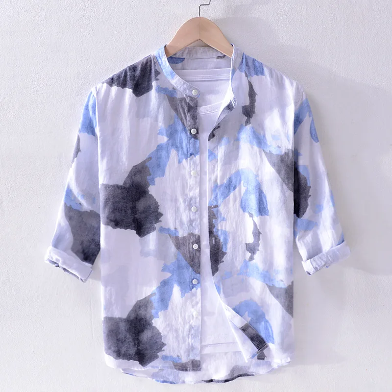 Men Summer Fashion Brand China Style Ink Camouflage Print Linen Three Quarter Sleeve Shirt Male Casual Thin Beach Shirts Cloth