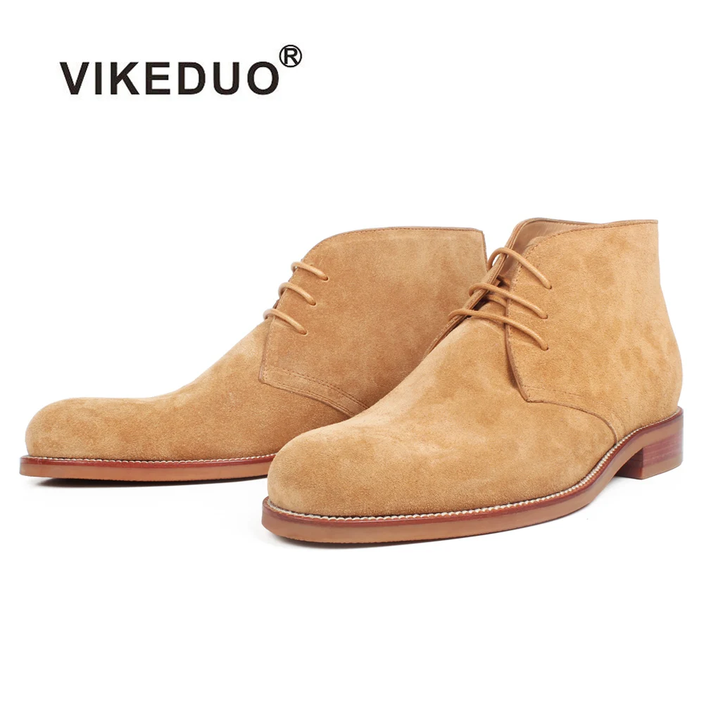 

VIKEDUO Autumn Genuine Cow Suede Men's Boots Solid Brown Bespoke Flat Leather Ankle Boots For Men Wedding Casual Military Shoes