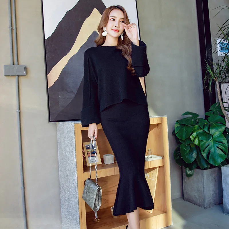 Женский трикотажный костюм двойка свитер и юбка с длинным рукавом|women sweater set|sweater