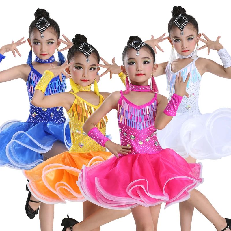 

Professional Girls Modern Ballroom Latin Dance Costumes Fringe Latin Dance Dress Fluffy Tulle Skirt Children Latina Dresses