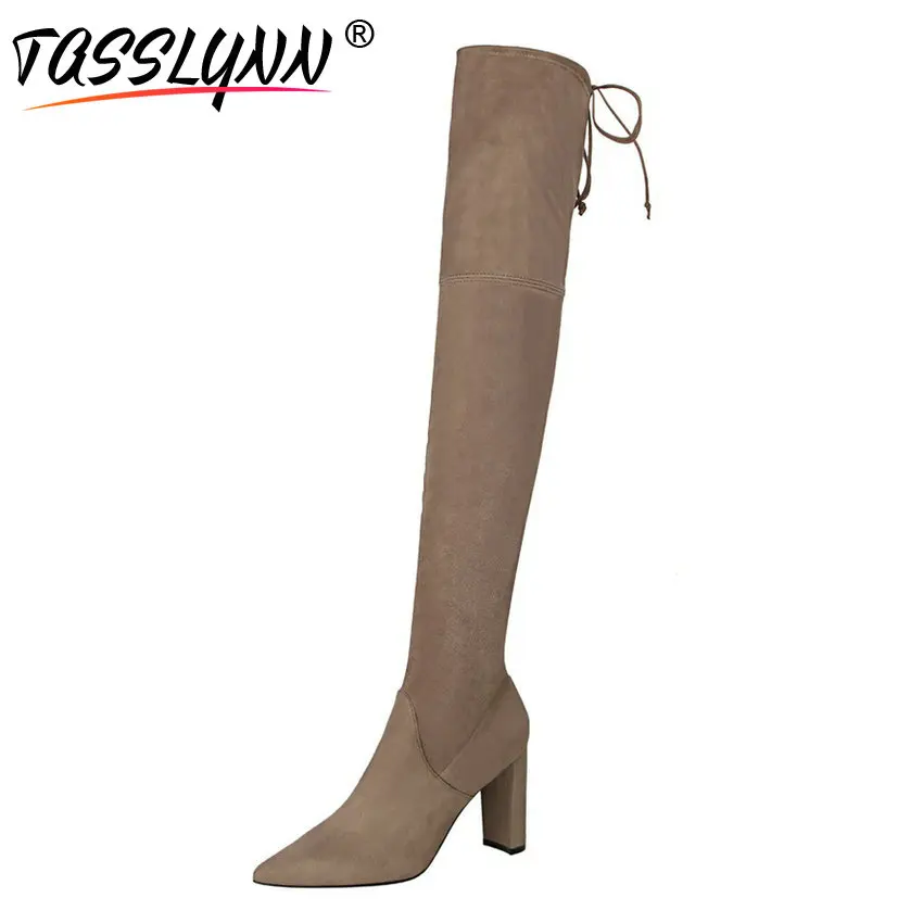 

TASSLYNN 2018 Women Boots Sexy Pointed Toe Winter Shoes Women Square High Heels Over The Knee Boots Flock Lace Up Women Shoes