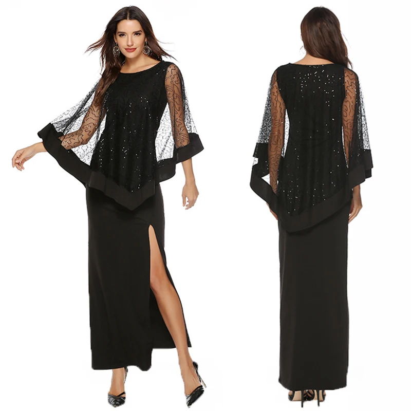 

Temperament Commuter Sequins Solid Color Lace Slim Split Long Skirt Round Neck High Waist Gown Skirt Cloak Shawl Two-piece Dress