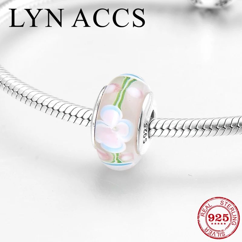 

2019 New 925 Sterling Silver fine pink flowers clear Murano Glass Beads Jewelry making Fit Original Pandora Women Charm Bracelet