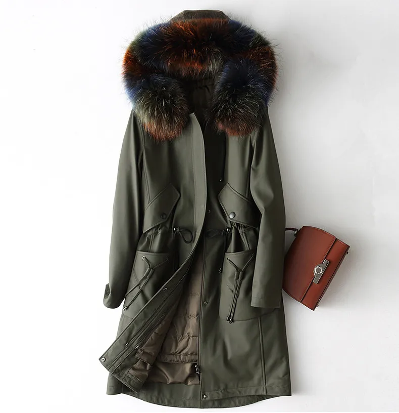 Зимняя куртка из натуральной кожи, Женская длинная куртка из натуральной овчины, воротник из натурального меха енота с капюшоном, женские пуховики размера плюс