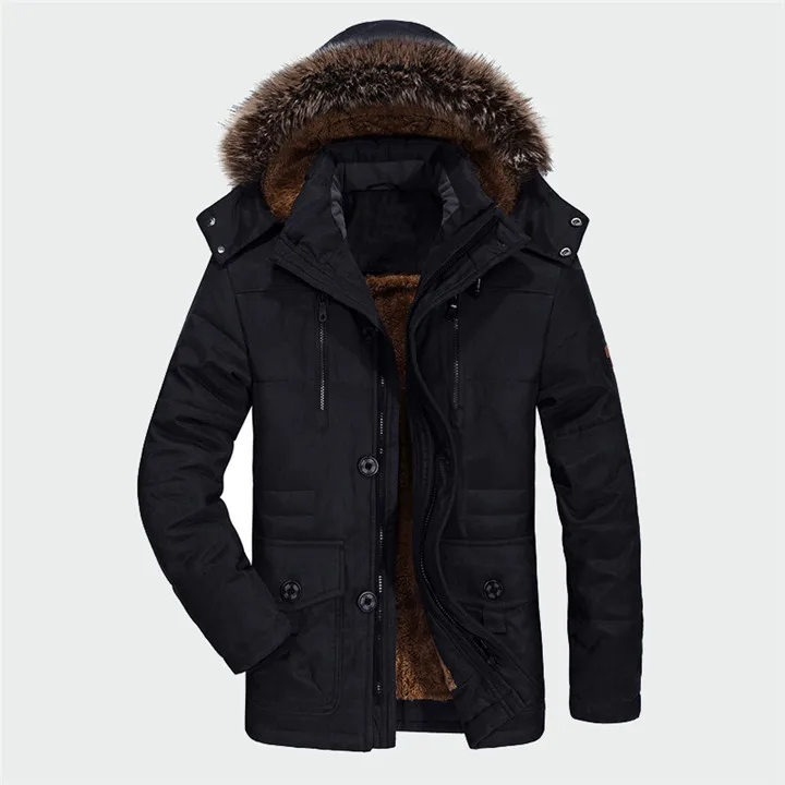 Толстая теплая зимняя мужская куртка, повседневная ветрозащитная Мужская парка размера плюс 6XL, мужская флисовая куртка с меховым воротником и капюшоном - Цвет: Черный