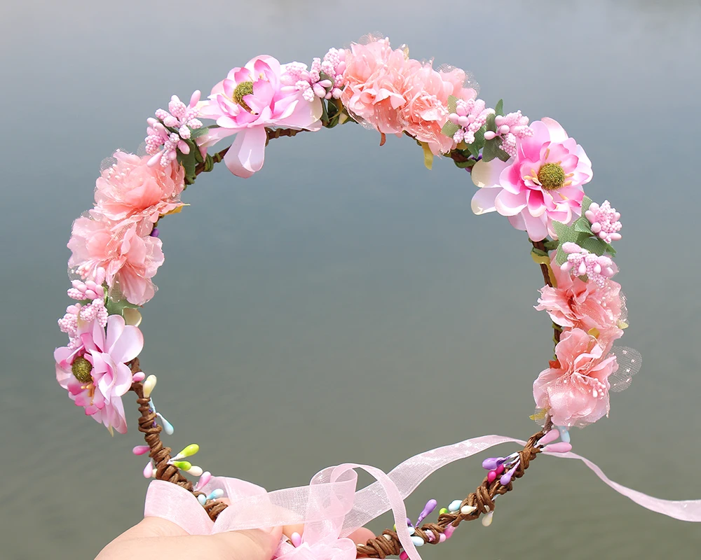 Розовый цветной тканевый венок цветок halo Свадебный Цветочный венок для волос свадебный головной убор лесной деревенский венок русалки