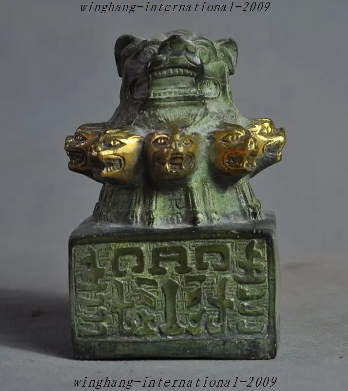 

Crafts statue old Chinese bronze gilt 9 beast head ferocious statue Imperial Seal Stamp Signet Halloween