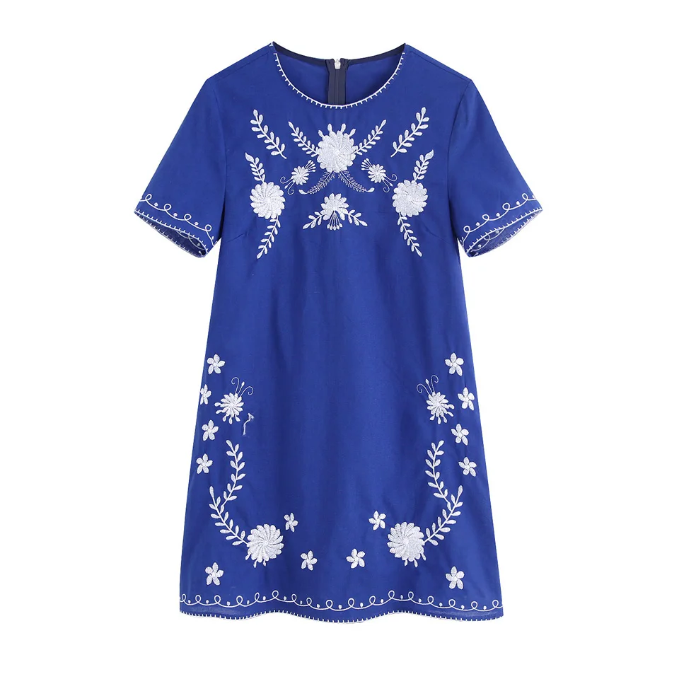 

2019 Summer Women Vintage Mini Dress Short Sleeve Embroidery Floral O-Neck Linen Straight Dresses Female Elegant Dress vestidos