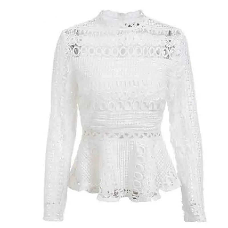 Fannic Elegant Lace Hollow Out Peplum Blouse Shirt Women Ruffles Long Sleeve White Blouse Autumn Winter Tops Office Ladys