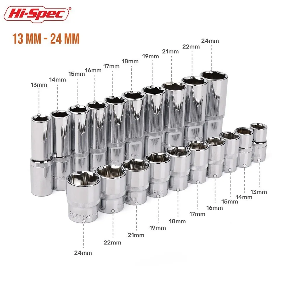 Hi-Spec 10pc 1/2 inch Short Long Socket Set CRV 10-24mm Deep Socket Adapter for Torque Ratchet Socket Wrench Spanner Repair Tool Hi-Spec 10pc 1/2 inch Short Long Socket Set CRV 10-24mm Deep Socket Adapter for Torque Ratchet Socket Wrench Spanner Repair Tool